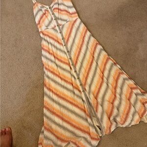 Free People Striped Cream Orange Gray Button-Front Midi Dress